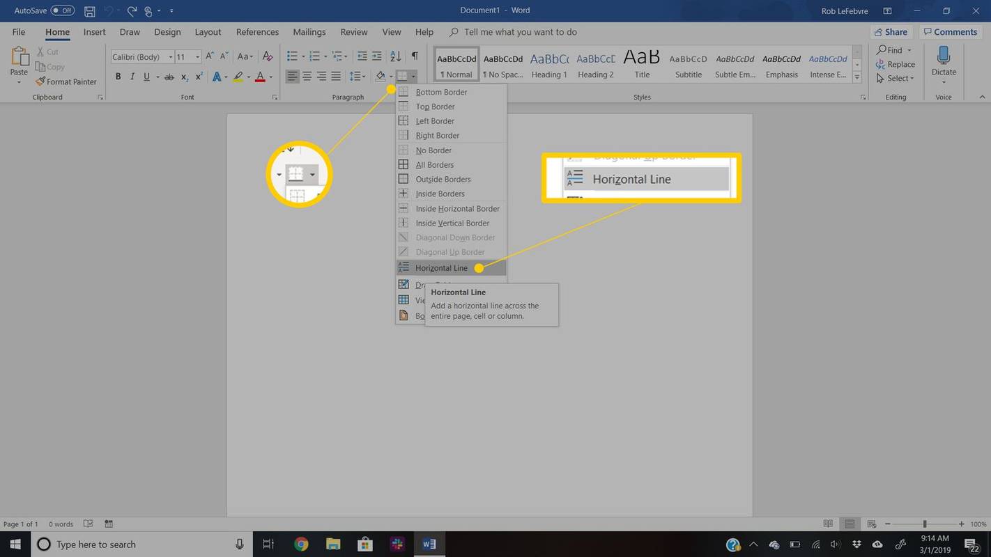 Przycisk Obramowania i przycisk Linia pozioma w programie Word dla systemu Windows