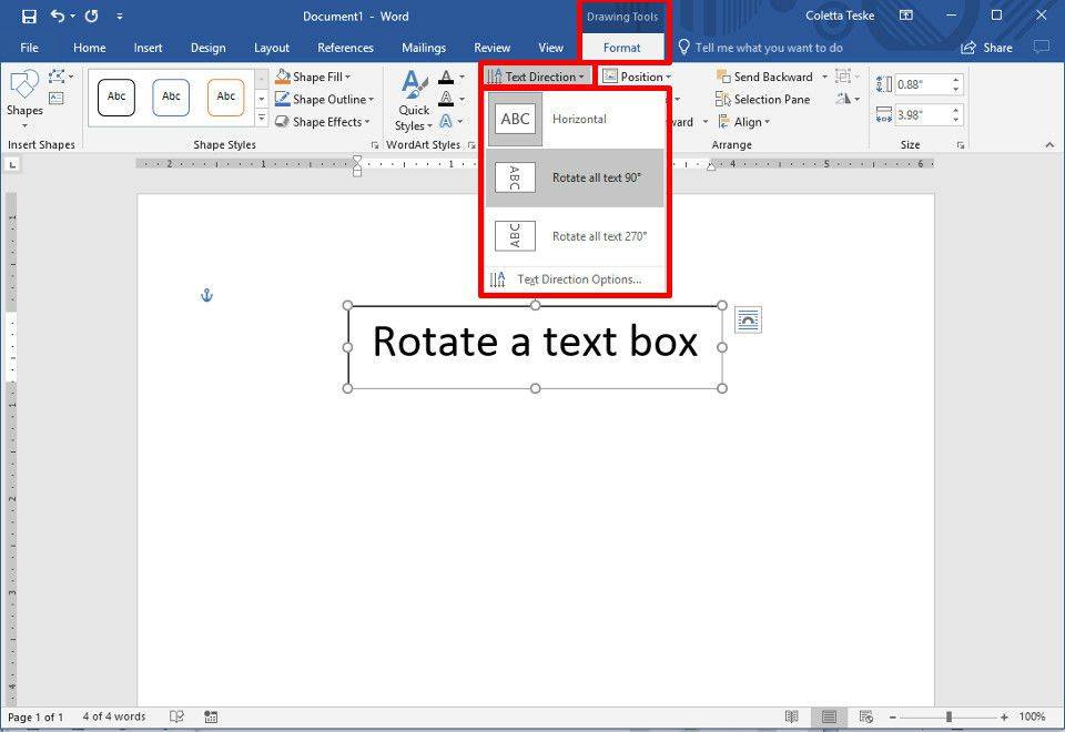 Tangkapan layar memperlihatkan opsi untuk memutar arah teks dalam kotak teks