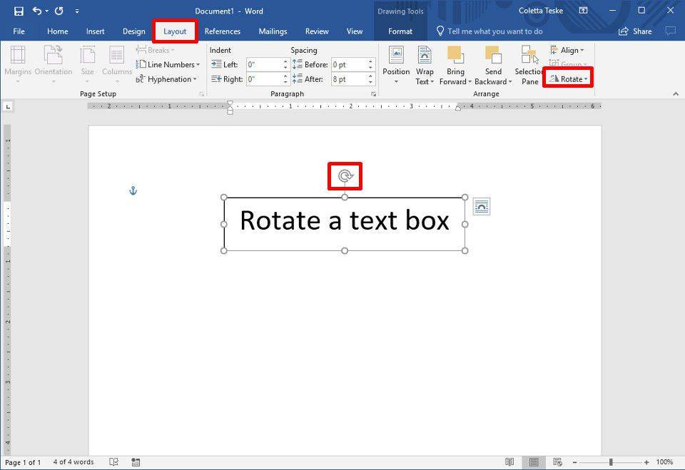 O captură de ecran a mânerului de rotație pentru o casetă de text în Word