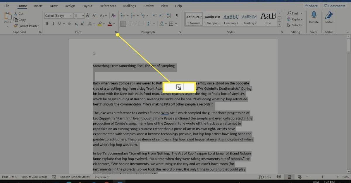Utvid ikonet i avsnittsgruppen i Microsoft Word
