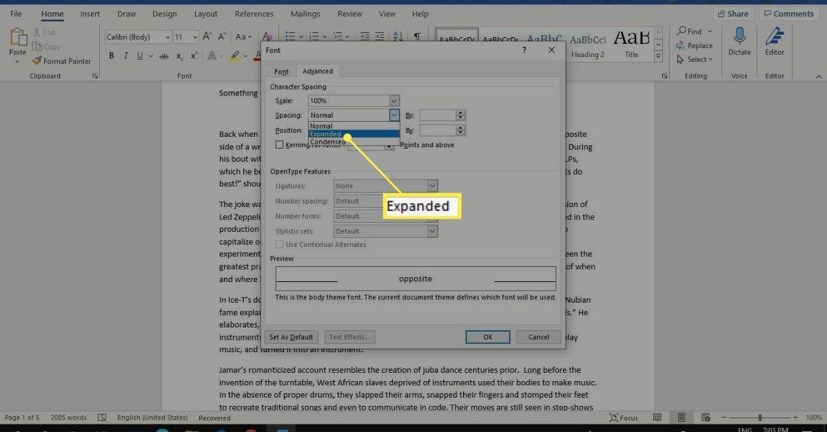 Advanced at Pinalawak sa mga pagpipilian sa Font ng Microsoft Word