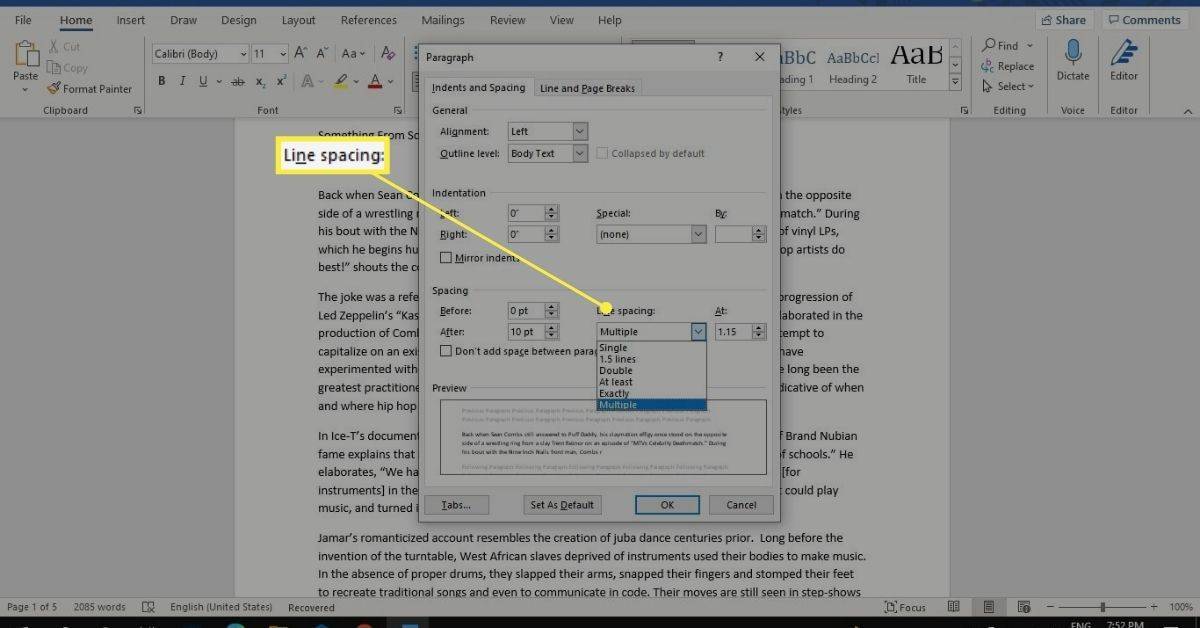 Řádkování v možnostech odstavce aplikace Microsoft Word