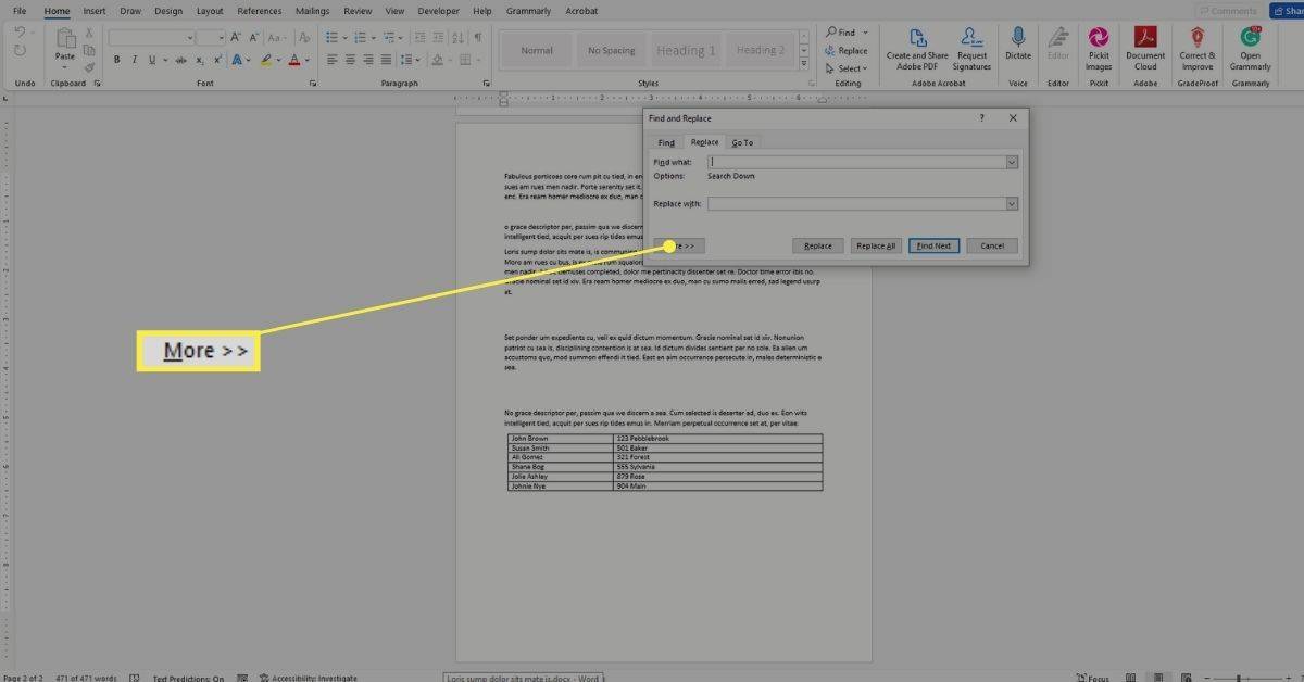 Tlačidlo Viac v ponuke Nájsť a nahradiť v programe Microsoft Word