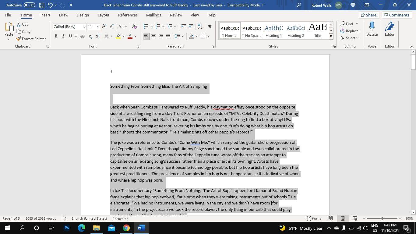 Вкладка «Главная» и выделенный текст в Microsoft Word