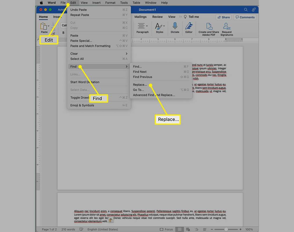 Bukas ang Microsoft Word na may Edit menu