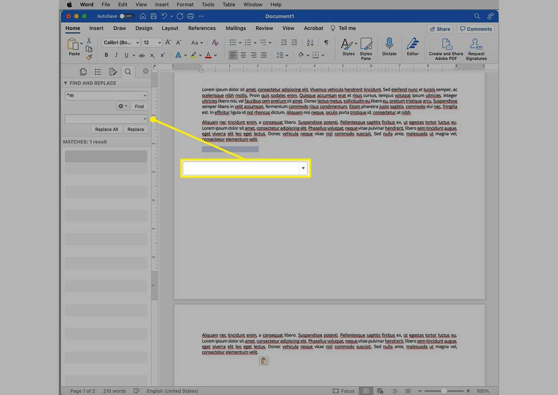 Microsoft Word med Erstatt-menyen aktiv