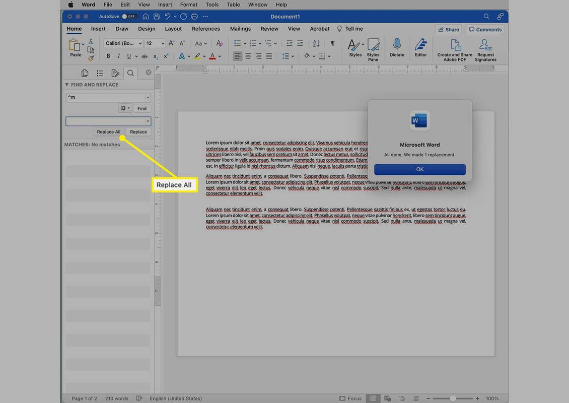 Microsoft Word z podświetloną opcją Zamień wszystko
