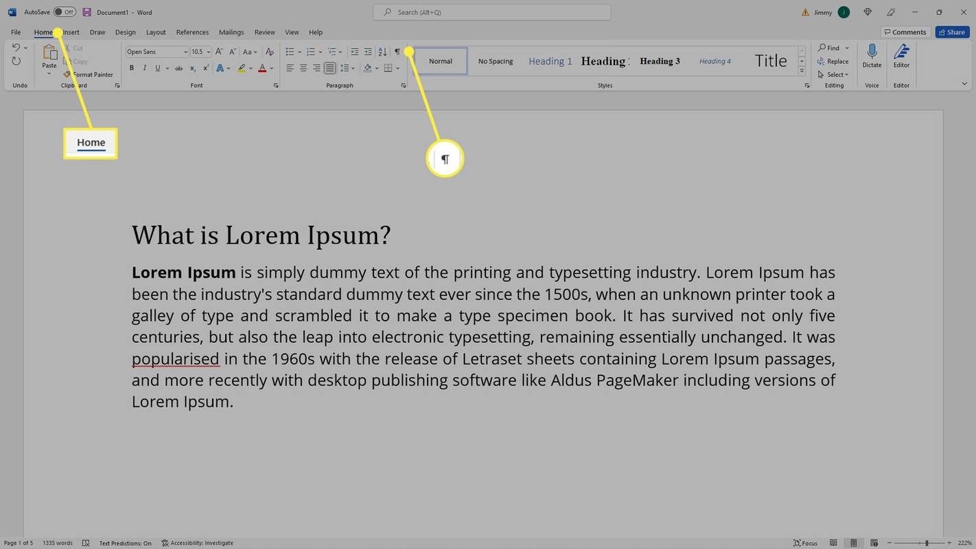 Kezdőlap és bekezdés szimbólum a szalagon a Microsoft Word programban Windows rendszeren