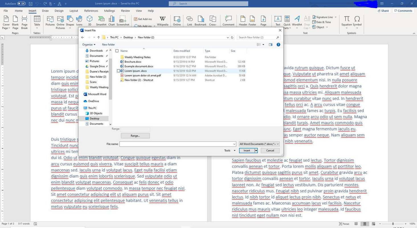 Zrzut ekranu przedstawiający okno dialogowe Wstaw plik w programie Word