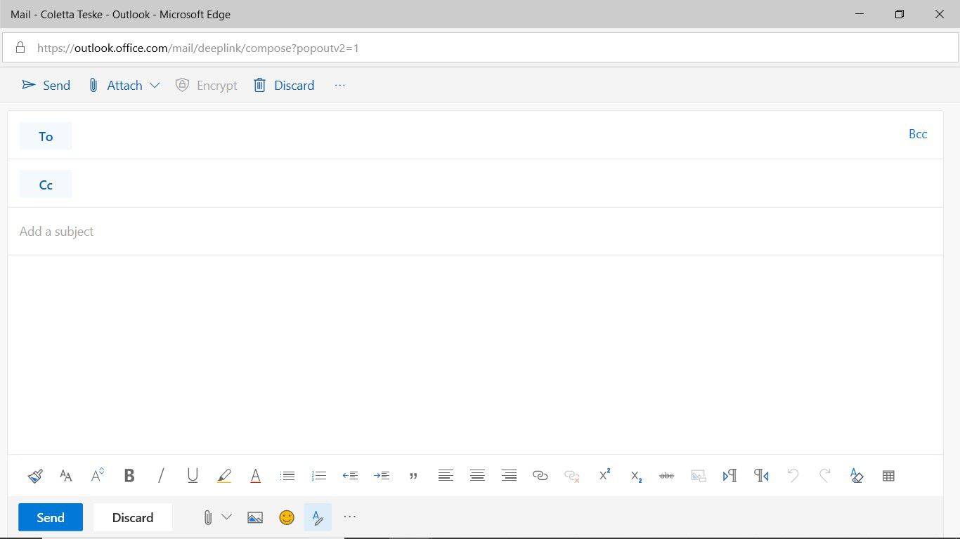 Ein Screenshot, der ein leeres Fenster für neue Nachrichten in Outlook im Web zeigt