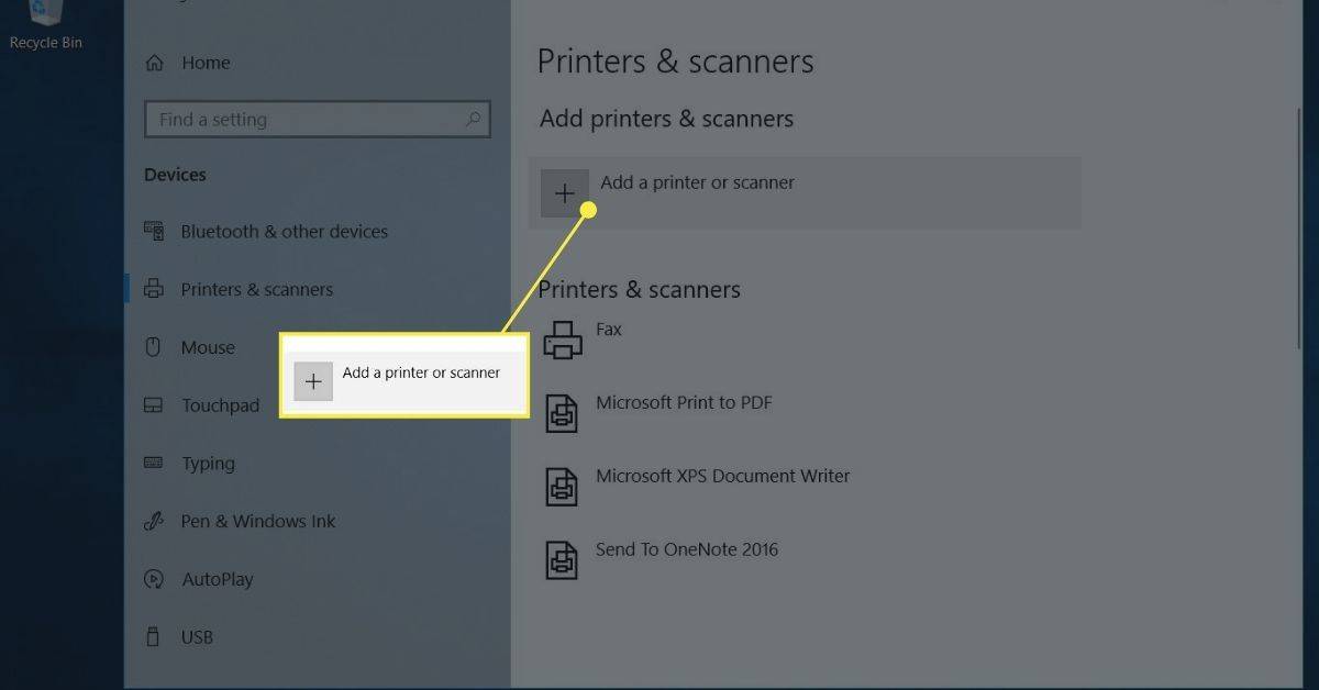 Windows 10 노트북에 프린터를 추가하기 위한 프린터 및 스캐너 설정