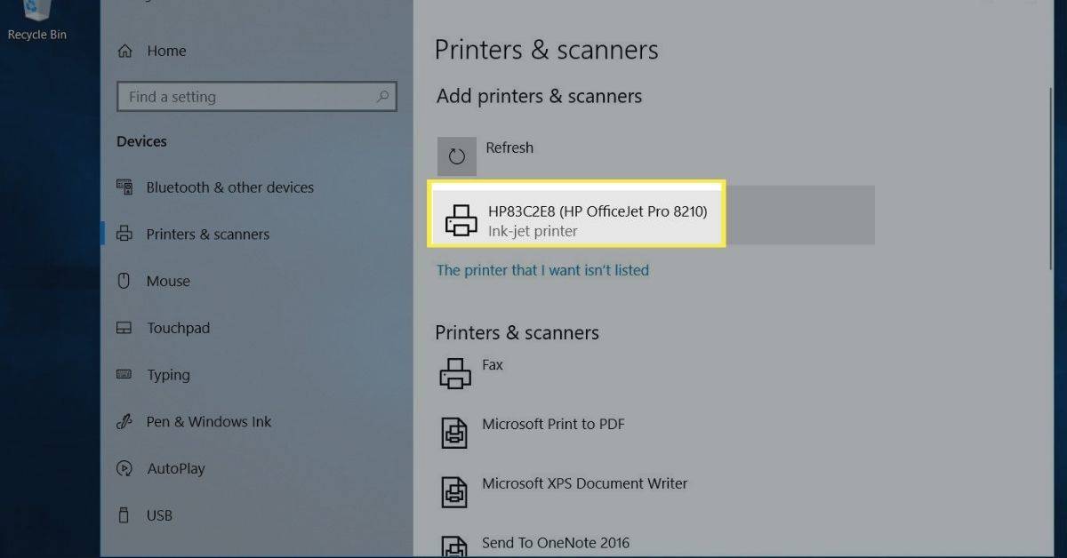 Výběr tiskárny v části Tiskárny a skenery v systému Windows 10