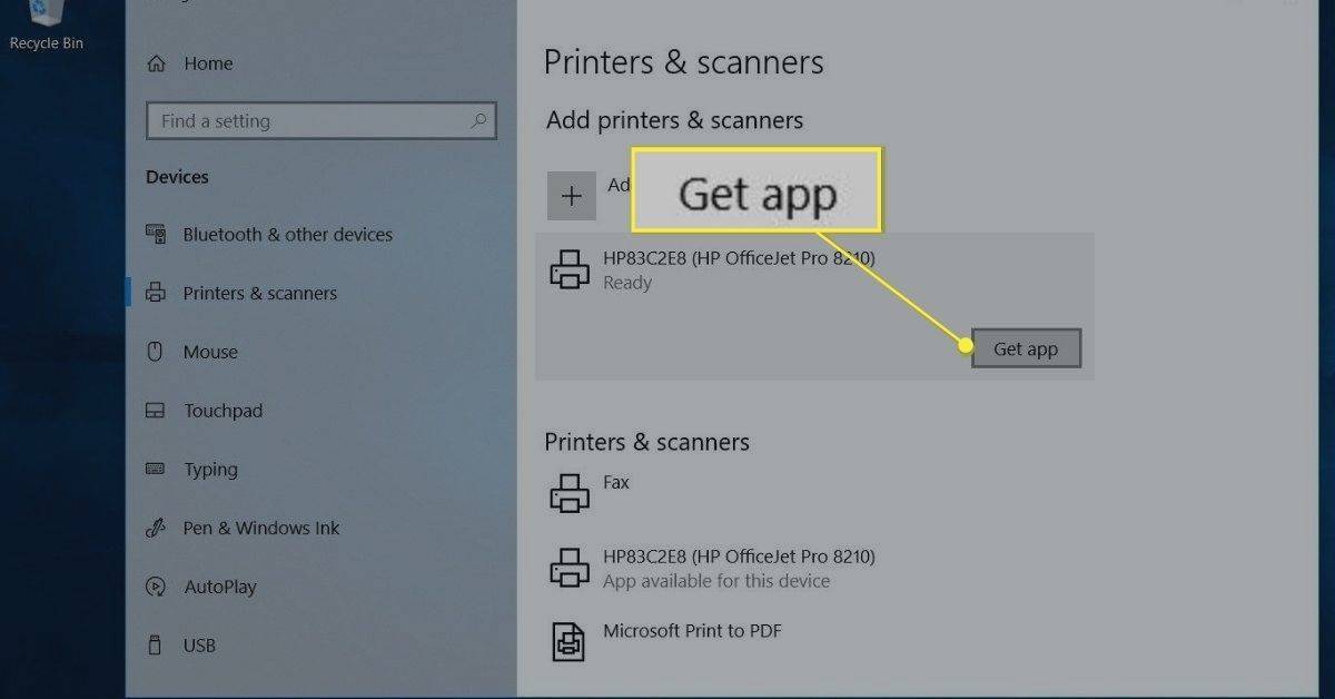 Tlačítko Získat aplikaci v části Tiskárny a skener