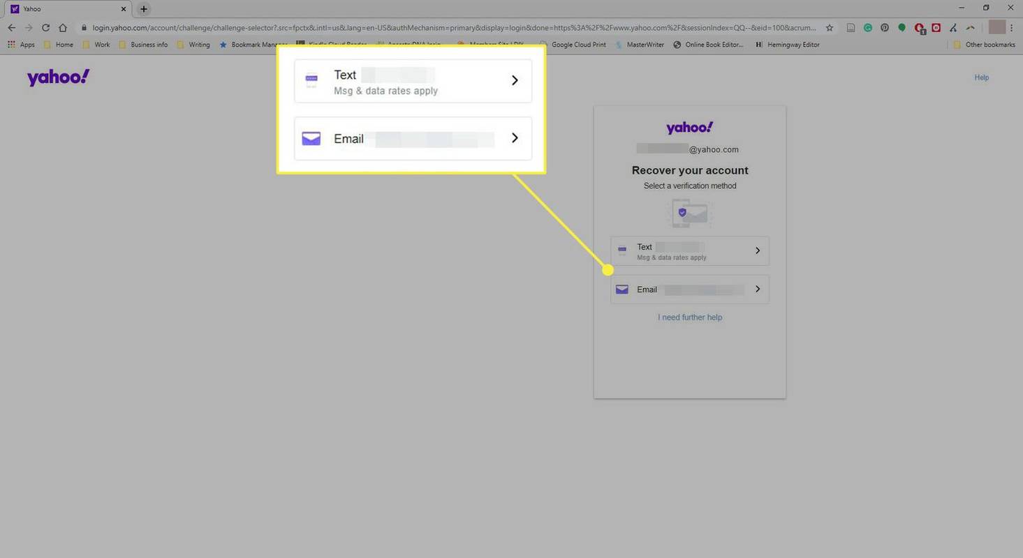 Snímka obrazovky obnovenia účtu Yahoo so zvýraznenými možnosťami obnovenia