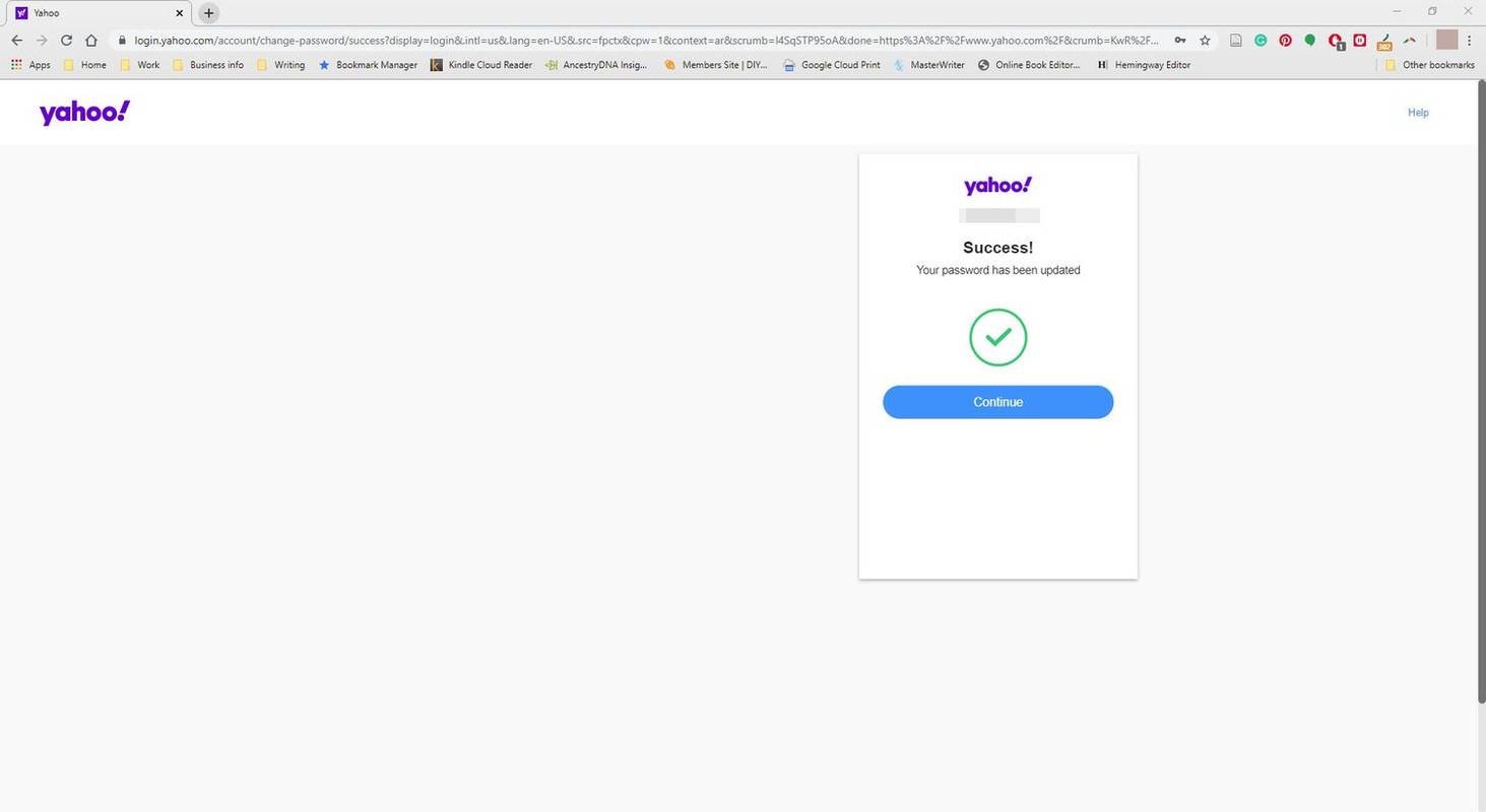 Message de changement de mot de passe réussi sur Yahoo! site web.