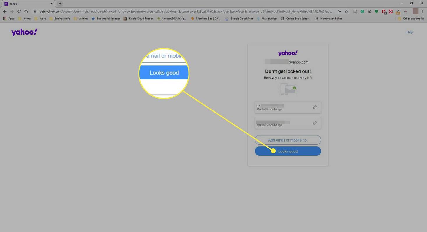 Snímek obrazovky obnovovací stránky Yahoo s