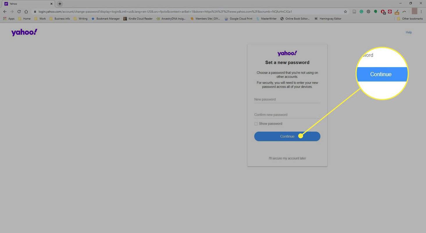 Kuvakaappaus Yahoo-salasanan palautusnäytöstä, jossa Jatka-painike on korostettuna