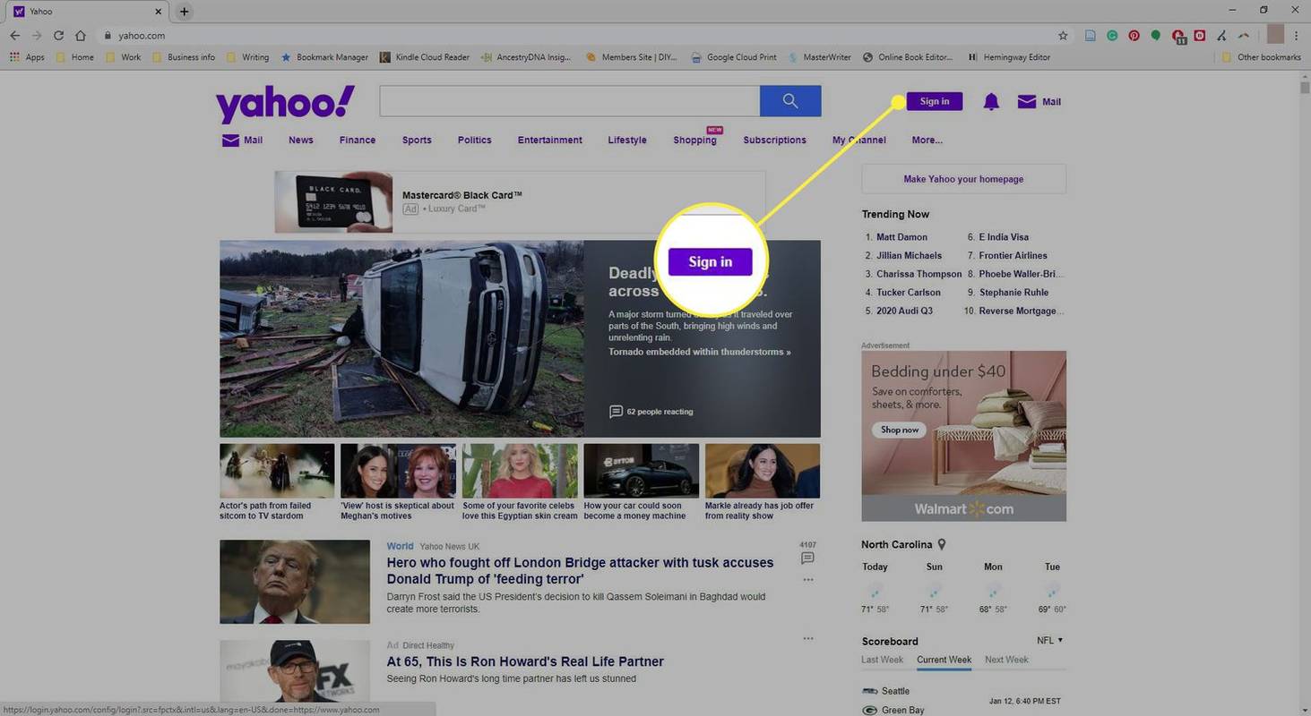 Snímek obrazovky domovské stránky Yahoo se zvýrazněným tlačítkem Přihlásit se