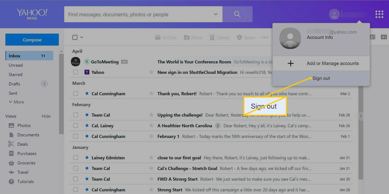 Botó de tancament de la sessió a Yahoo Mail