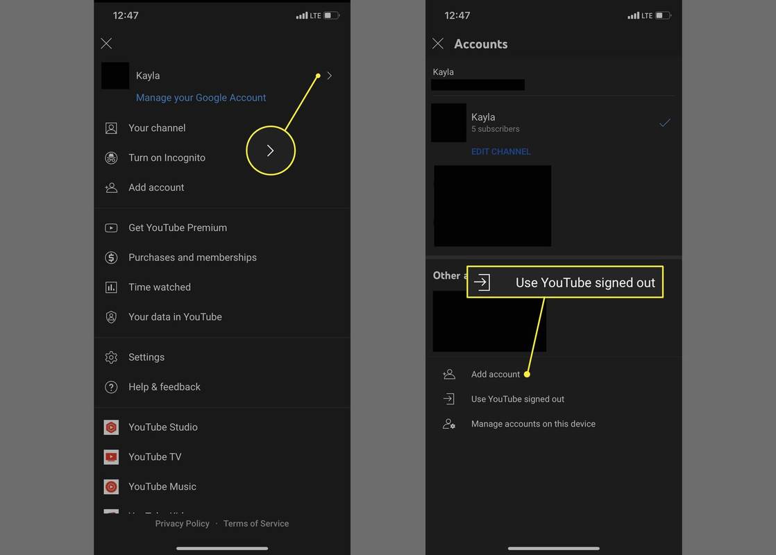 Høyre pil og Bruk YouTube logget av YouTube-appen for iOS