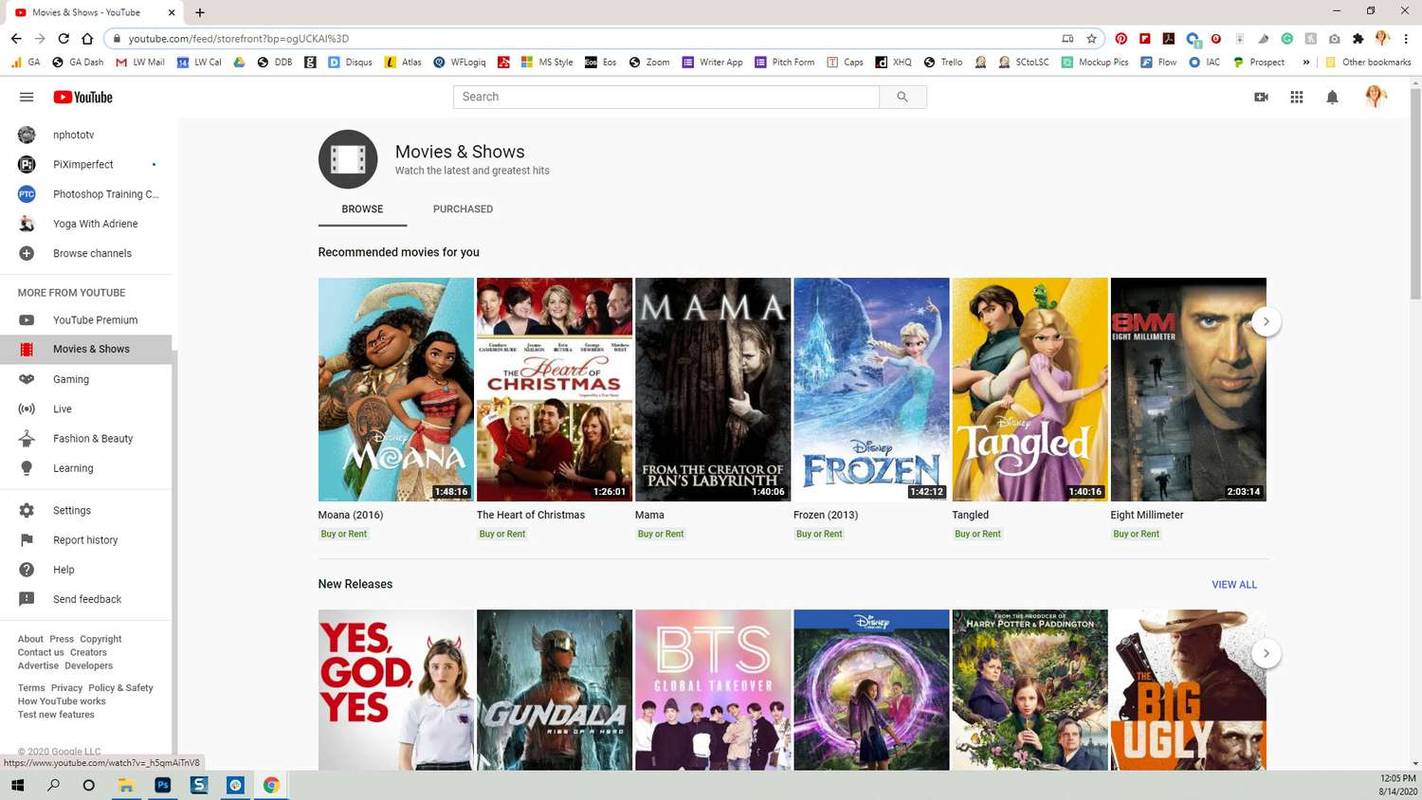 Chrome 브라우저의 YouTube 유료 영화 및 프로그램 페이지
