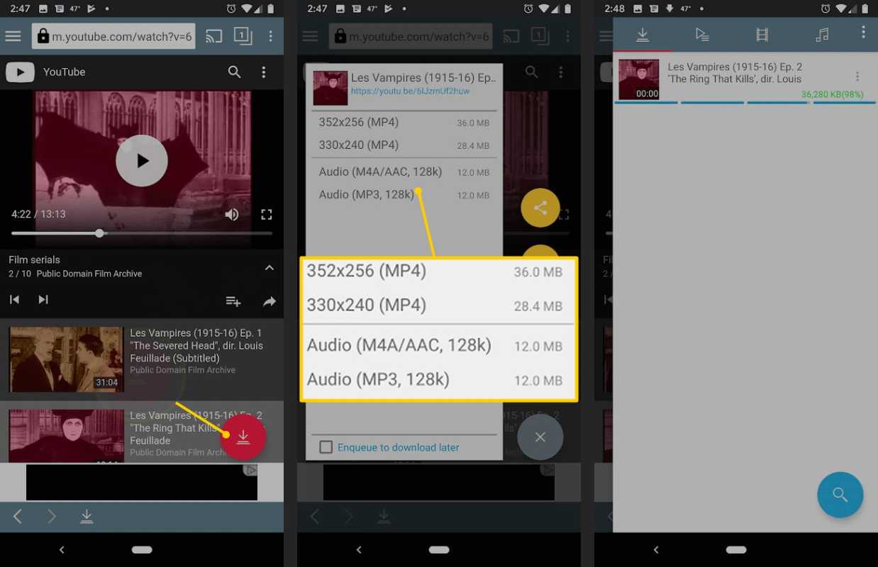 Tlačidlo sťahovania TubeMate, rozlíšenie videa na Androide