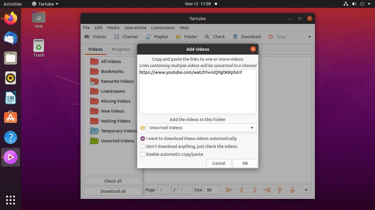 Ubuntu Tartube -video jonossa