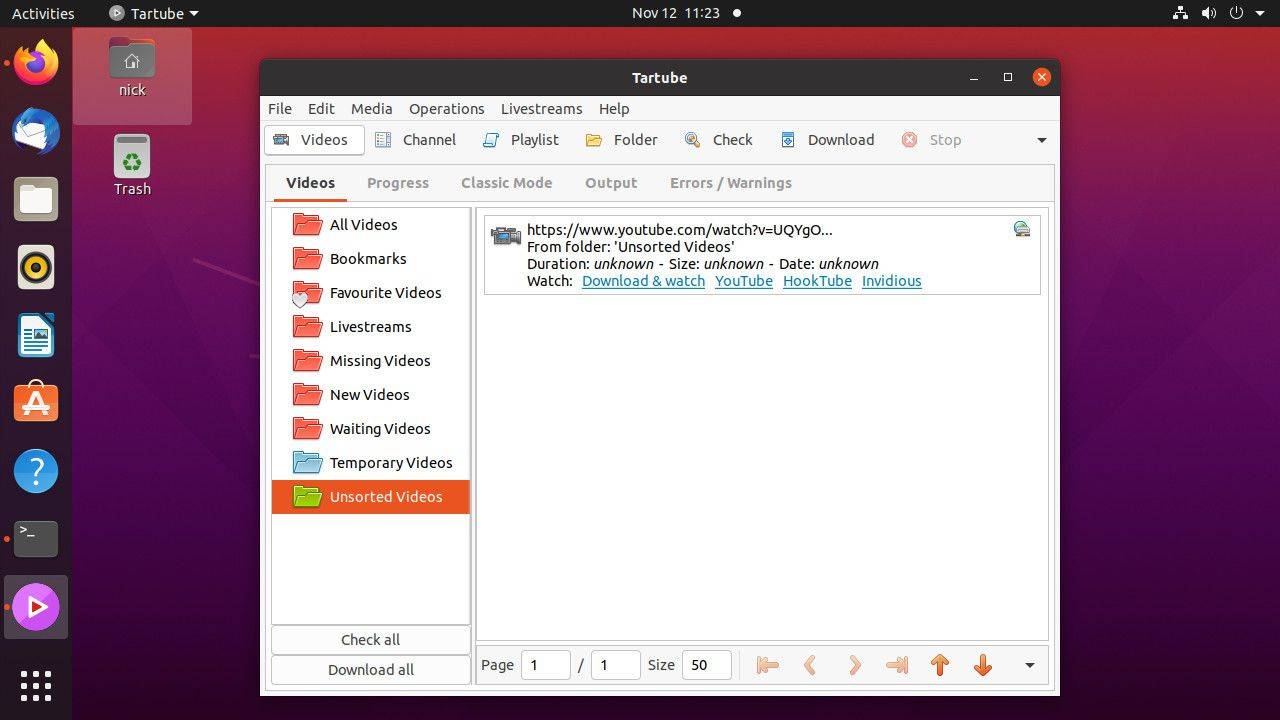Ubuntu Tartube video lastet ned