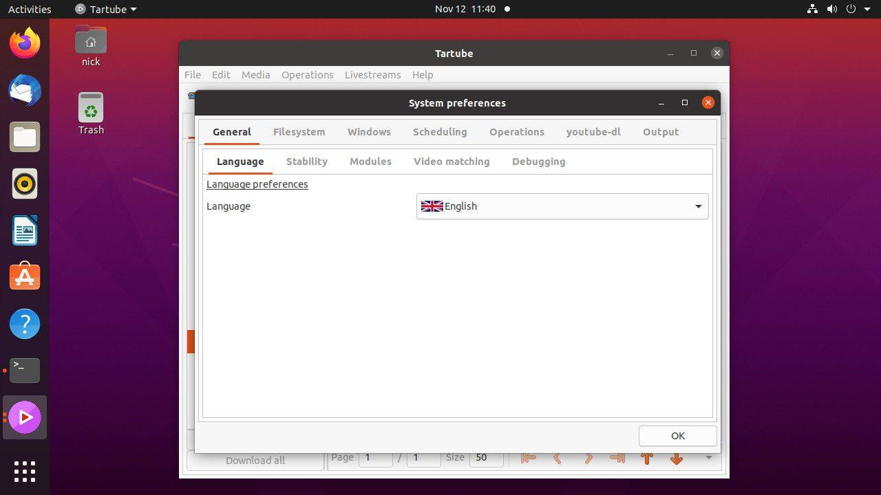 Ubuntu Tartube nastavil cestu youtube-dl