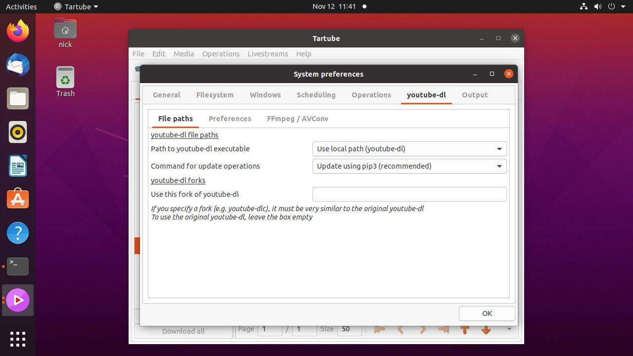 Tartube otevřen na Ubuntu