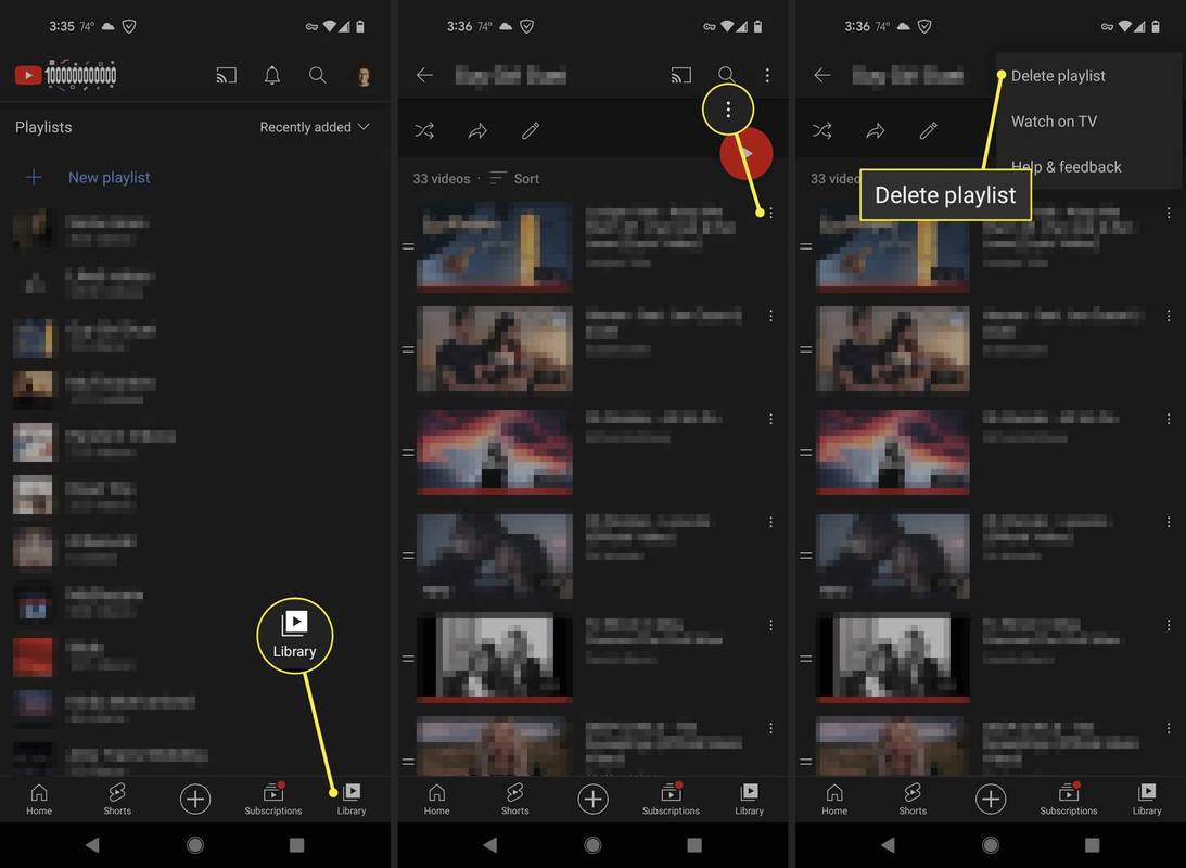 Biblioteka, menu z trzema kropkami i Usuń playlistę w aplikacji YouTube na Androida