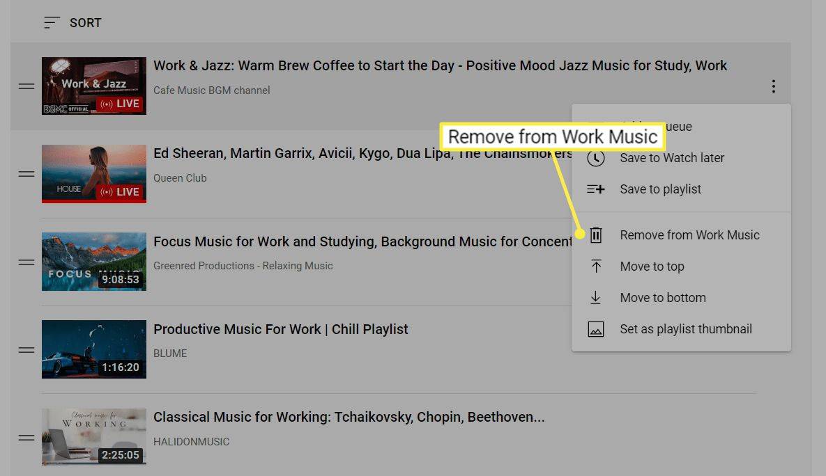 ลบออกจากตัวเลือก Work Music ในเพลย์ลิสต์ YouTube