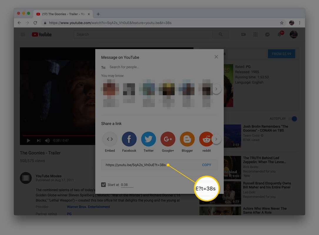 Екранна снимка на екрана за споделяне в YouTube с подчертан URL адрес на времево клеймо
